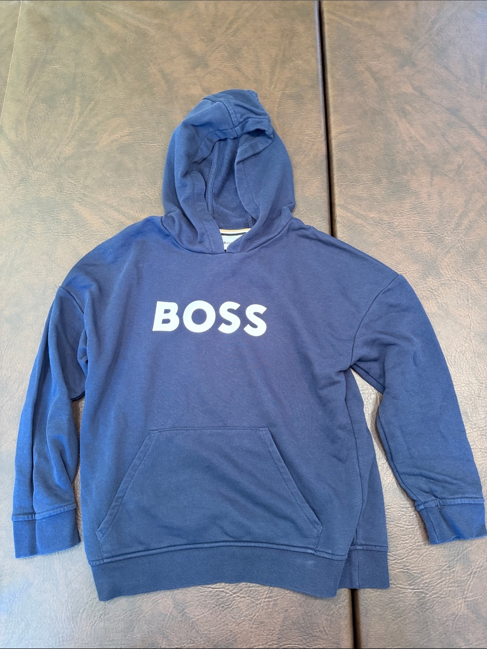 BOSS Navy Blue Pullover Hoodie with White Logo